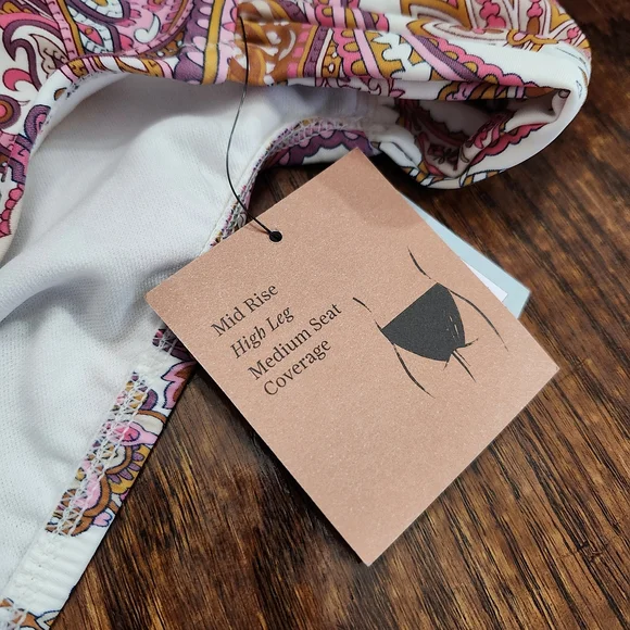 Paisley Bandeau Bikini Set XL NWT Boho Pink Orange Removable Strap High Cut - Picture 2 of 11